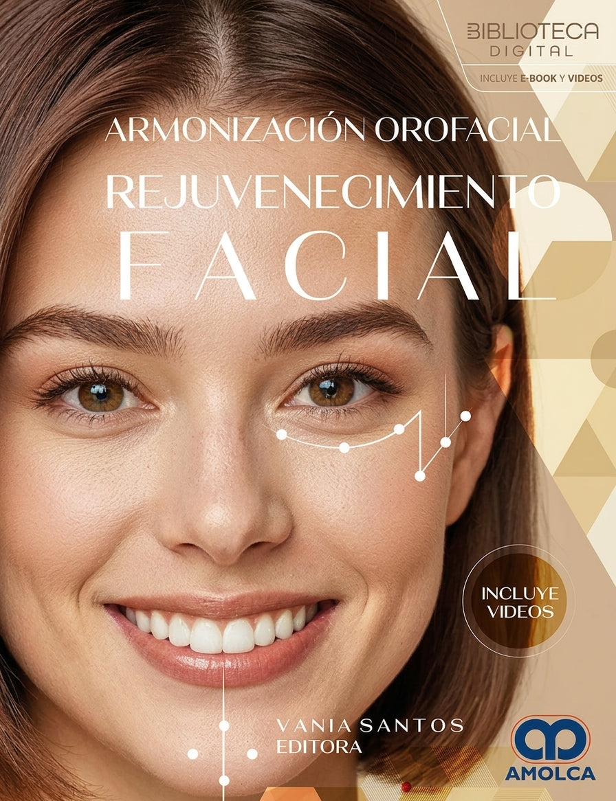 Spanish-language book cover titled 'Armonización Orofacial Rejuvenamiento Facial' by Vania Santos Editora, featuring a close-up of a smiling woman's face with cosmetic treatment markings and branding for Amolca and Biblioteca Digital.