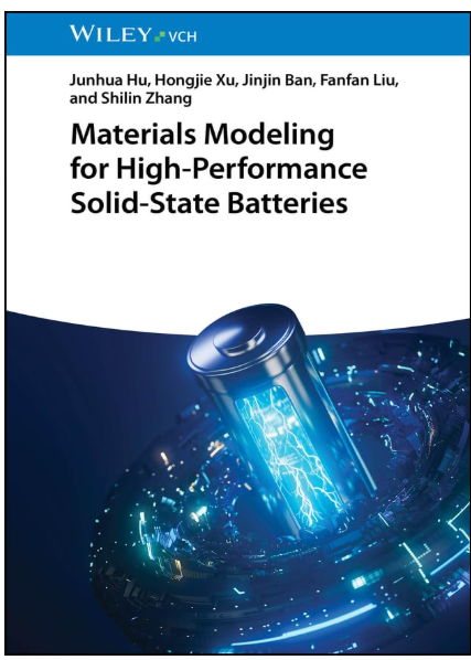 Book cover for 'Materials Modeling for High-Performance Solid-State Batteries' by Wiley VCH, featuring a white upper section with black text and a blue lower section with a futuristic battery illustration.