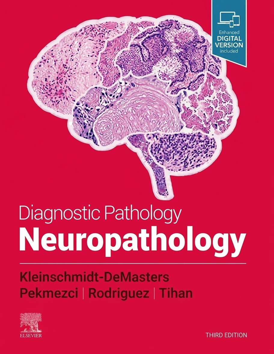 Front cover of the book 'Diagnostic Pathology Neuropathology' Third Edition, featuring a bright red background, a large histology brain illustration in pink and purple tones, and white title text. An 'E-book Digital Version' badge appears in the top right corner.