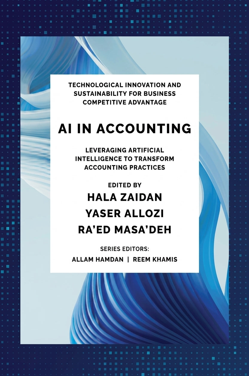 Book cover for 'AI in Accounting' edited by Hala Zaidan, Yaser Allozi, and Ra'ed Masa'deh, featuring a white title block over blue abstract wave graphics on a dark blue patterned background.