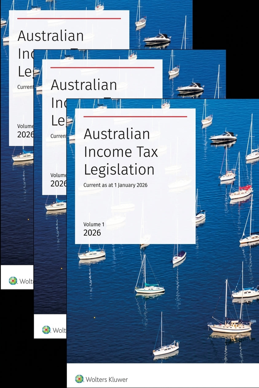 Three overlapping book covers for Wolters Kluwer's Australian Income Tax Legislation volumes, featuring a background photo of sailboats on blue water with white title boxes and black side panels.
