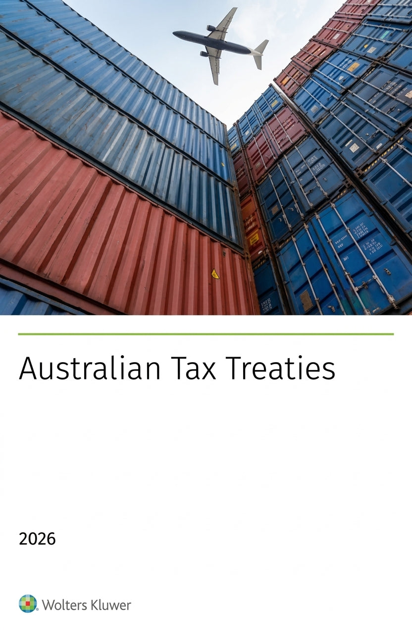 A book cover titled 'Australian Tax Treaties 2026' with a photo of stacked shipping containers and an airplane above the title, published by Wolters Kluwer.