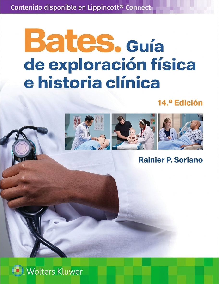 Front cover of the Spanish-language medical textbook 'Bates: Guía de exploración física e historia clínica, 14.^ª Edición' by Rainier P.