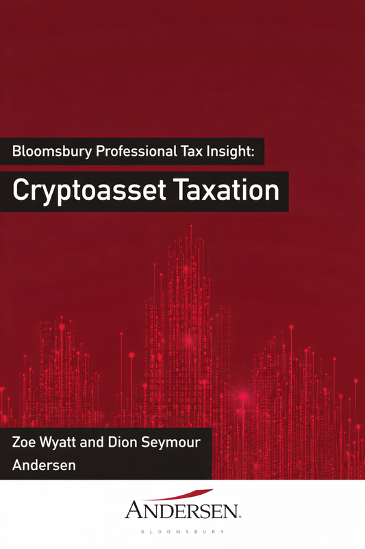 Book cover for 'Bloomsbury Professional Tax Insight: Cryptoasset Taxation' by Zoe Wyatt and Dion Seymour Andersen, featuring a dark red background with a red digital cityscape graphic and white text.