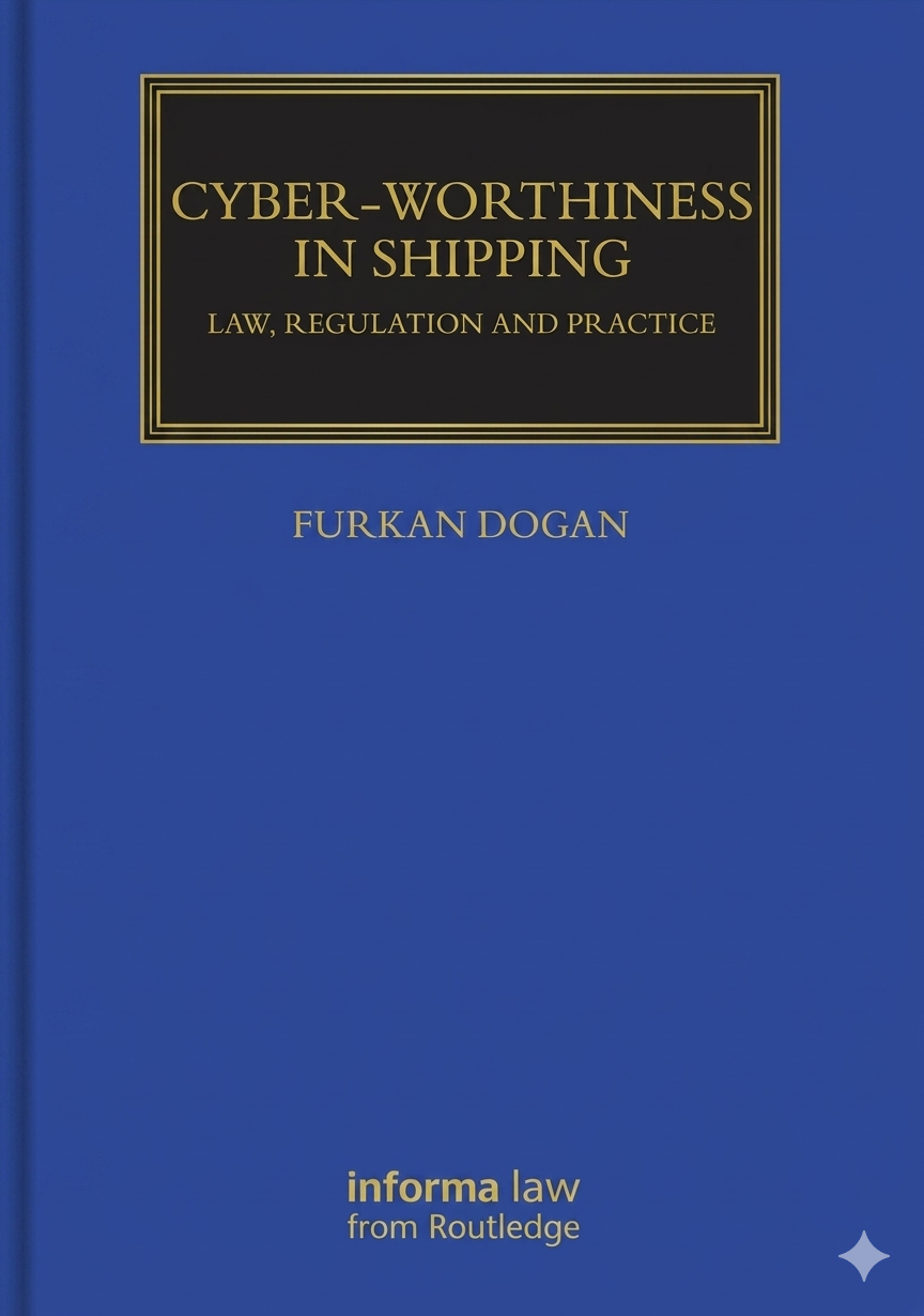 Book titled 'Cyber-Worthiness in Shipping: Law, Regulation and Practice' by Furkan Dogan on a blue background.