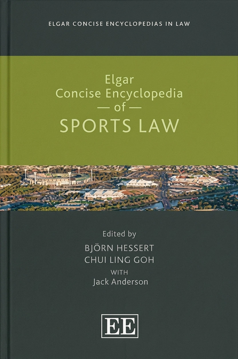 Front cover of the book Elgar Concise Encyclopedia of Sports Law, with a dark gray cover, an olive-green title band, a central aerial photograph strip, and white text.