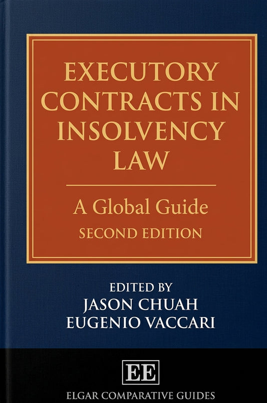 Book cover for 'Executive Contracts in Insolvency Law: A Global Guide, Second Edition', edited by Jason Chuah and Eugenio Vaccari, published by Elgar Comparative Guides. The cover features a dark navy blue background with a large central rust-red rectangular panel containing gold text, and a black band at the bottom with the Elgar logo.