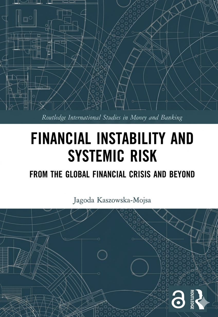 Book cover of 'Financial Instability and Systemic Risk' with architectural blueprint design on a blue background.