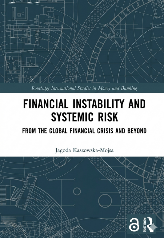 Book cover of 'Financial Instability and Systemic Risk' with architectural blueprint design on a blue background.