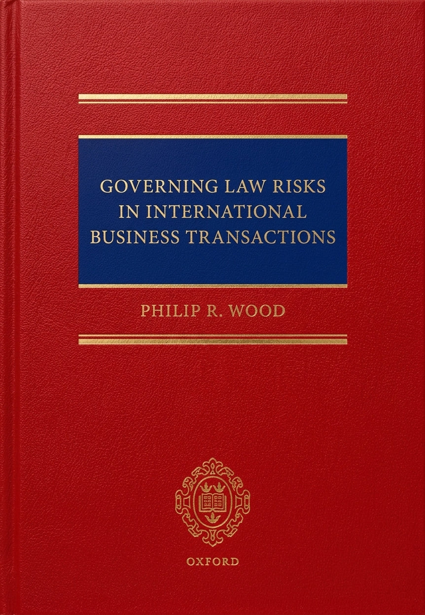 A red hardcover book with a blue title block and gold text and decorative lines. The title reads 'GOVERNING LAW RISKS IN INTERNATIONAL BUSINESS TRANSACTIONS' by Philip R.