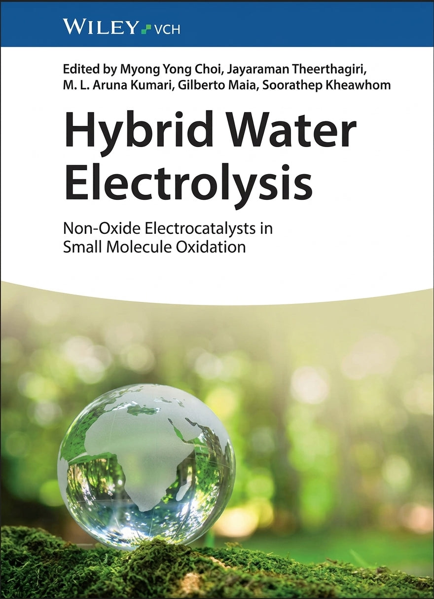 Book cover for 'Hybrid Water Electrolysis' published by Wiley-VCH, featuring a white upper section with black text and a lower section showing a clear glass globe resting on green moss against a blurred green background.