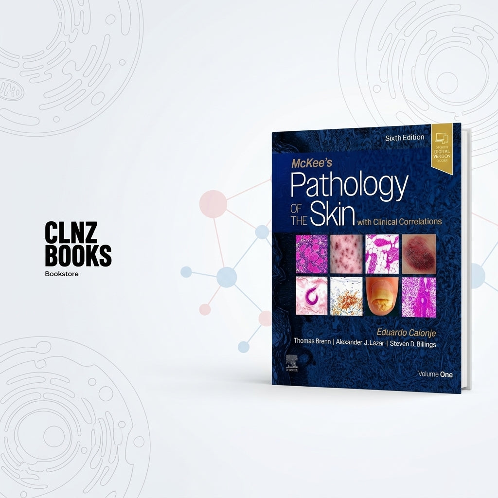 McKin's Pathology of the Skin, Sixth Edition, Volume One book cover displayed on a light gray background with faint circular line graphics and a CLNZ Books logo on the left.