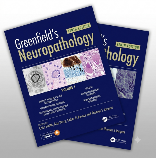 Two copies of the book Greenfield's Neuropathology Tenth Edition Volume 1, showing the front cover and a second angled copy on a light gray background.