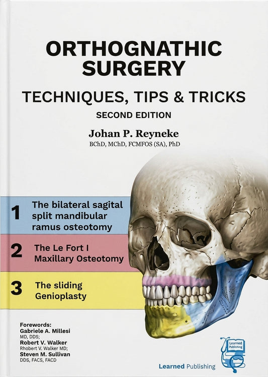 Front cover of the book 'Orthognathic Surgery: Techniques, Tips & Tricks, Second Edition' by Johan P. Reyneke, featuring a 3D rendered human skull with highlighted jaw and cheekbone areas, plus three colored step boxes on a white background.