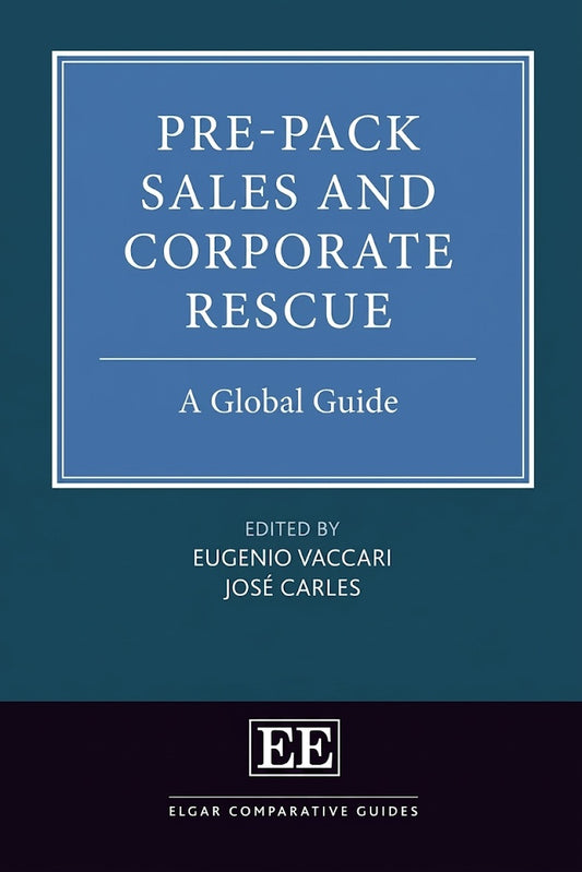 Book cover for 'Pre-Pack Sales and Corporate Rescue: A Global Guide', edited by Eugenio Vaccari and José Carles, published by Elgar Comparative Guides. The cover features a dark teal background with a large blue central panel containing white text, and a dark purple band at the bottom with the EE logo.
