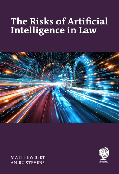 Book cover for 'The Risks of Artificial Intelligence in Law' by Matthew Seet and An-Ru Stevens, featuring a dark purple background with a central digital tunnel graphic in blue, orange, and white.