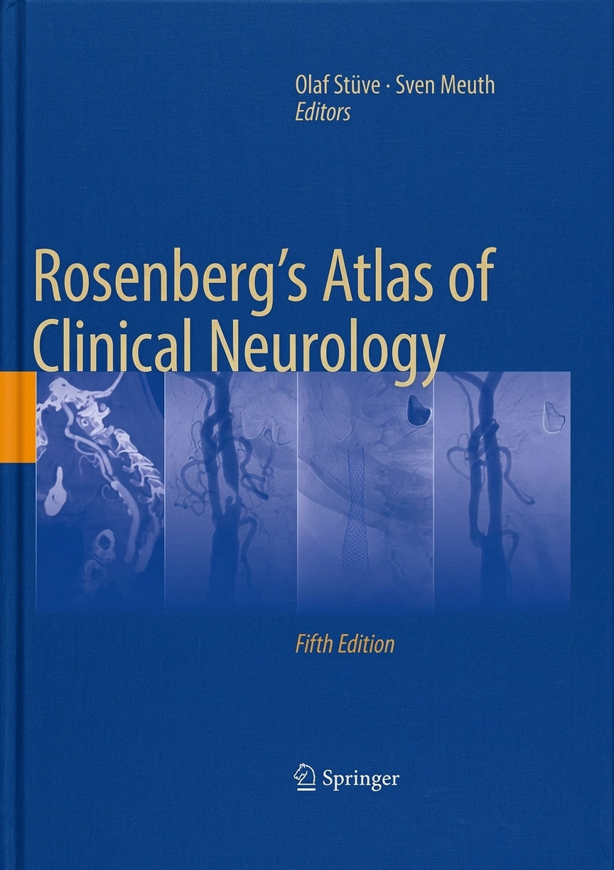 Front cover of the book 'Rosenberg's Atlas of Clinical Neurology, Fifth Edition' with a blue background, white title text, a vertical orange stripe on the left, and a row of faint medical imaging panels across the center. Editors Olaf Støve and Sven Meuth are listed at the top, and the Springer logo appears at the bottom.