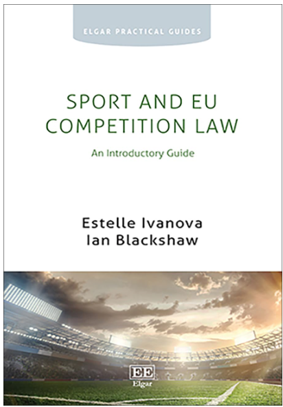Book cover for 'Sport and EU Competition Law: An Introductory Guide' from Elgar Practical Guides, featuring a white upper section with green and black text and a stadium scene at sunset on the lower half.