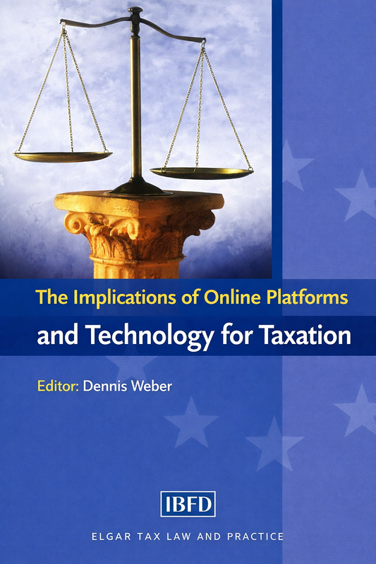 Book cover for 'The Implications of Online Platforms and Technology for Taxation' edited by Dennis Weber, featuring a golden scale of justice on a blue background with stars.