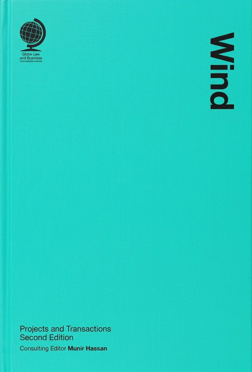 A turquoise book cover with black text reading 'Wind' vertically on the right, a small globe logo in the upper left, and smaller text at the bottom that says 'Projects and Transactions Second Edition' and 'Consulting Editor Munir Hassan'.
